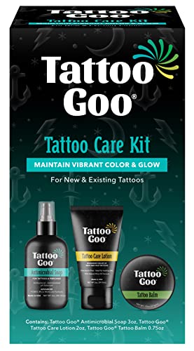 Tattoo Goo Aftercare Kit Includes Antimicrobial Soap, Balm, and Lotion, Tattoo Care for Color Enhancement + Quick Healing - Vegan, Cruelty-Free, Petroleum-Free (3 Piece Set)