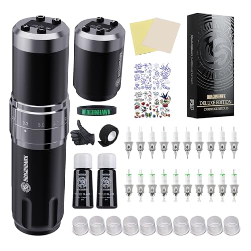 Dragonhawk Wireless Tattoo Gun Kit, Fold3 Rotary Tattoo Machine Pen with 2 Batteries Power Supply, 20 Count Glide Extra Smooth Needles Cartridges, Adjustable 7 Strokes Length for Beginners