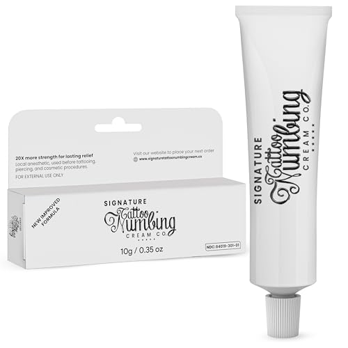 Tattoo Numbing Cream by Signature with 20X More Lidocaine Strength - Best Numbing Cream for Tattoo Before & Aftercare - Painless Tattoo with More Numbing Power (10 Grams, 0.35 Ounce (Pack of 1))