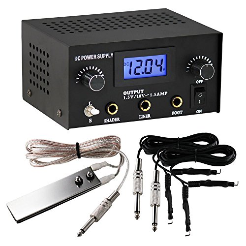 Pirate Face Tattoo Dual Digital Tattoo Power Supply with Foot Pedal and 2 Clip Cords, Black Color