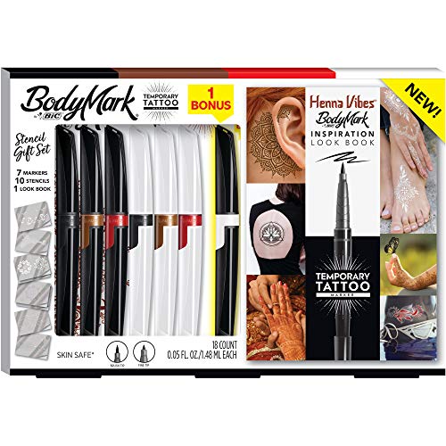 BIC MTBHP6B-AST by BIC, Temporary Tattoo Marker and Stencil Kit, Henna Vibes Inspiration, Skin Safe, Mixed Brush Tip & Fine Tip, Assorted Colors, 6-Pack + 1 Bonus Marker