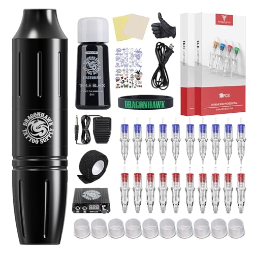 DRAGONHAWK Complete Tattoo Pen Kit Rotary Atom M1 Machine Power Supply 20Pcs Cartridges Needles Foot Pedal