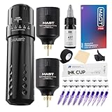 Mast Flip Tattoo Rotary Machine Wireless Pen Kit with 2 Batteries T1 Power Supply Mast Pro Cartridges Needles (Black)