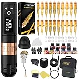 Ambition Soldier Tattoo Machine Kit Complete Rotary Wireless Tattoo Pen Gun Kit with 20pcs Glory Tattoo Cartridge Needles Practice Skin Supplies for Beginners & Professional Artists, Gold