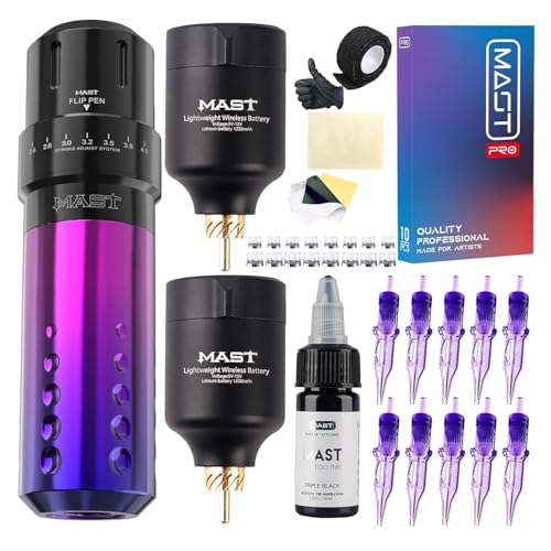 Mast Flip Tattoo Rotary Machine Wireless Pen Kit with 2 Batteries T1 Power Supply Mast Pro Cartridges Needles