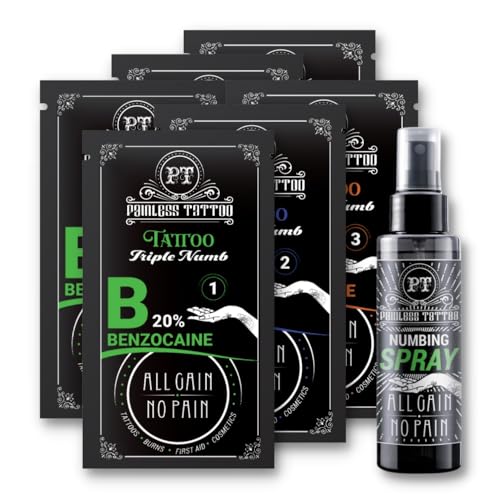 Painless Tattoo BLT Triple Numb Variety Pack and Spray Combo - Great For Tattoos, Burns, First Aid, Cosmetics, and More - Benzo-Lido-Tetra-Caine Multi Pack (2 BLT TriPackets and Single Spray Combo)