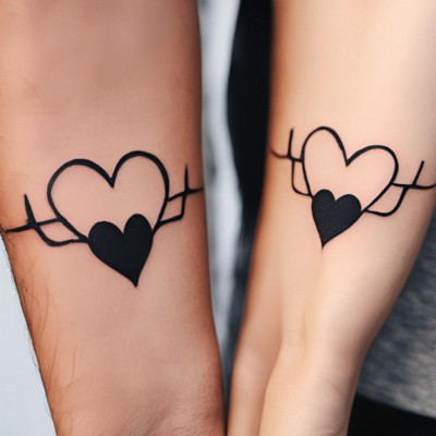 Line Heart Couple Matching Tattoos