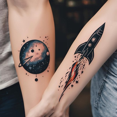Rocket and Planet tattoo for couples